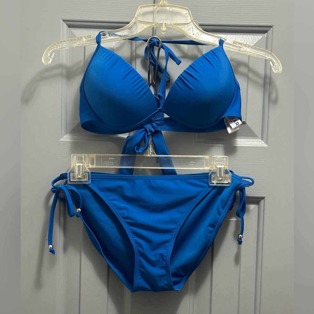 INGEAR 2Pc Molded Push Up Halter Top Medium & Tie On Bottoms w/Bead Large Blue